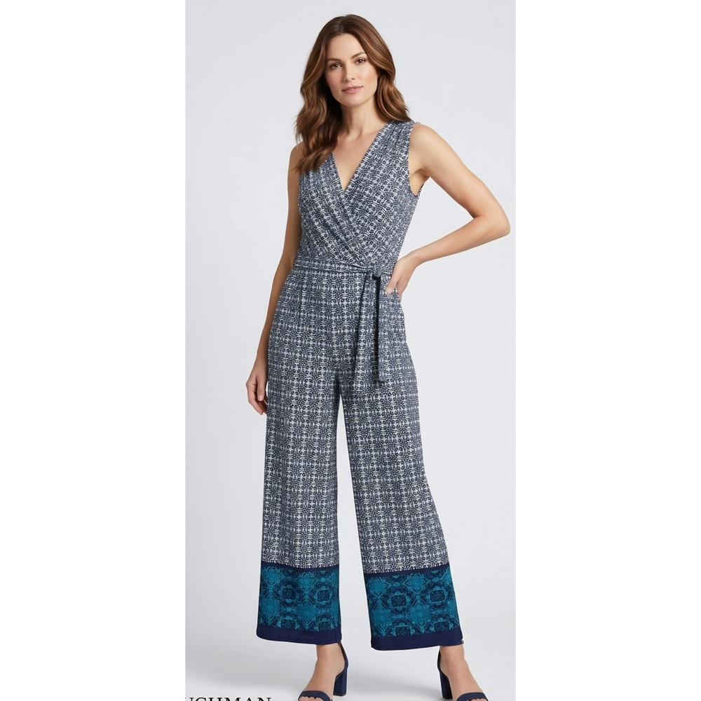 Dana Buchman Navy White Geometric Print Sleeveless Jumpsuit Medium NWT